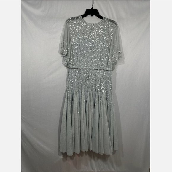 NWT $598 Mac Duggal [ 14 ] Cape Sleeve Beaded Tea A-Line Dress Powder Blue‎ - Picture 8 of 16